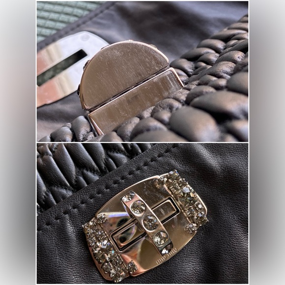 MIU MIU BLACK NAPPA LEATHER MATELASSE CRYSTAL CHAIN STRAP SHOULDER FLAP BAG - Picture 2 of 16